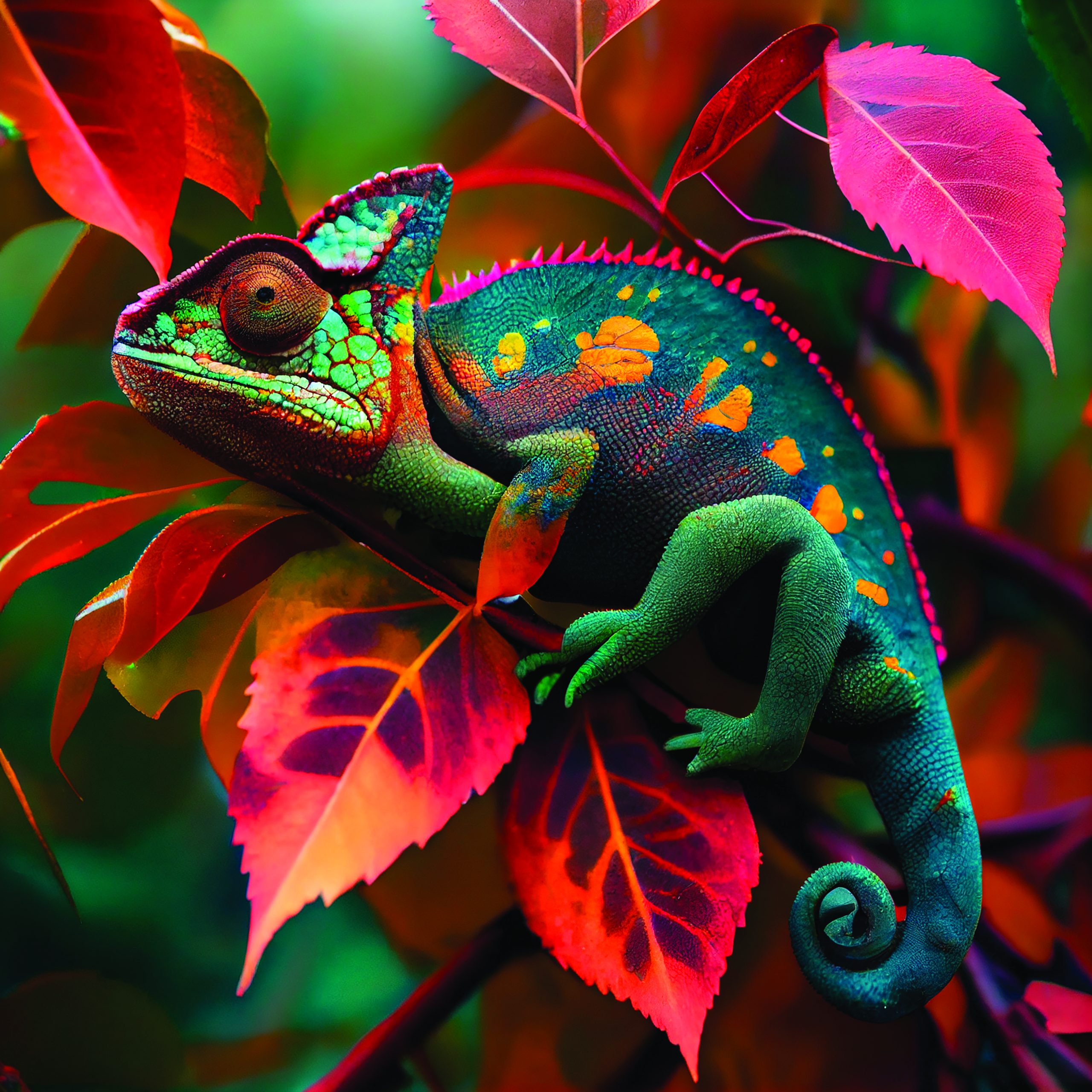 Multi colored lizard perching on leafs ,generative artificial intelligence
